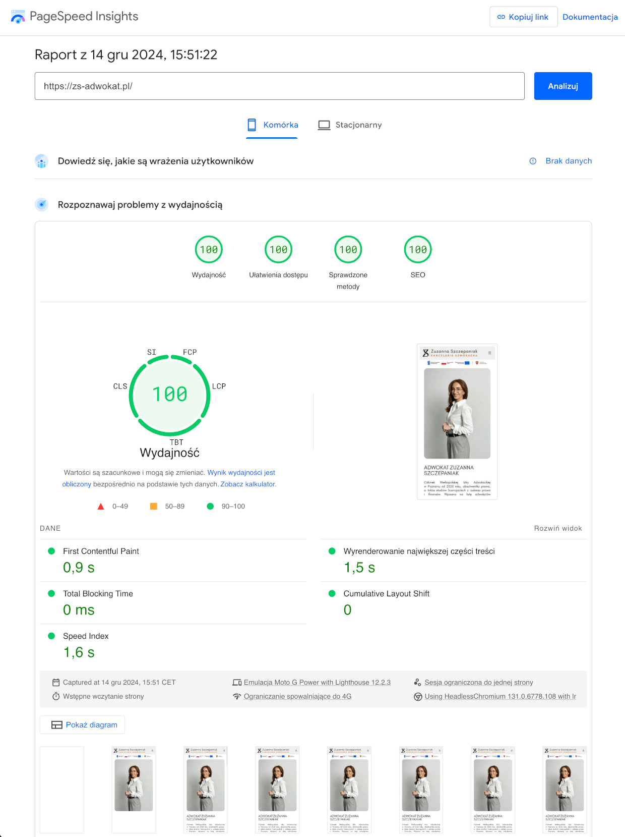 Wyniki testu PageSpeed Insights dla strony kancelarii adwokackiej z Poznania – 100/100 w każdej kategorii